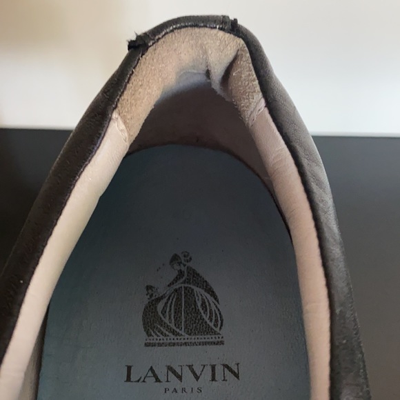 ?LANVIN BLACK LEATHER SLIP-ONS ?WITH LANVIN DEBOSSED LOGO?